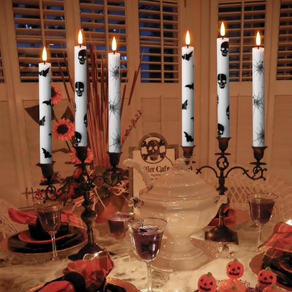 Eldnacele Halloween Flameless Taper Candles Battery Operated with Remote Timer, Set of 6 White Real Wax 3D Wick Flickering LED Taper Candles Spooky Halloween Indoor Decor(0.75" D x 9.65" H)