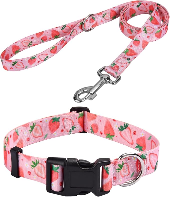 MarukoPet Dog Collar and Leash Set, Adjustable for Small Medium Large Dogs Puppy, Cute Design with Bohemia Floral Tribal Geometric Patterns Boys Girls Dog Collar(Strawberry Set,S)