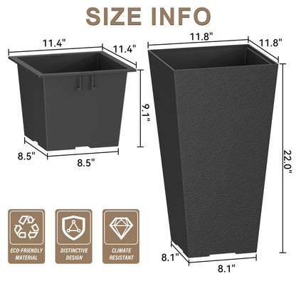 Kante 22 Inch Tall Planter Set of 2, Large Taper Planter for Outdoor Indoor Garden Patio Front Door (Black)