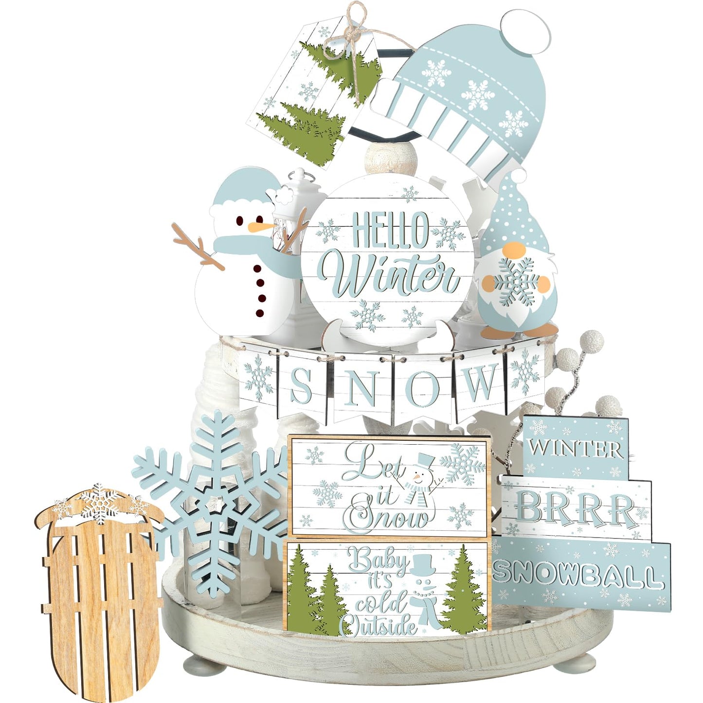 FairySandy 15 Pcs Winter Tiered Tray Decor Snowman and Snowflakes Wooden Signs Farmhouse Winter Tiered Tray Decorations Set Wood Table Decor for Holiday Home Kitchen