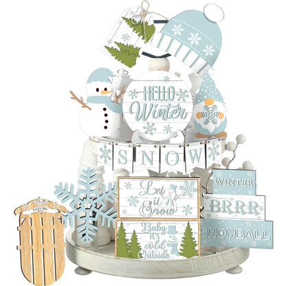 FairySandy 15 Pcs Winter Tiered Tray Decor Snowman and Snowflakes Wooden Signs Farmhouse Winter Tiered Tray Decorations Set Wood Table Decor for Holiday Home Kitchen