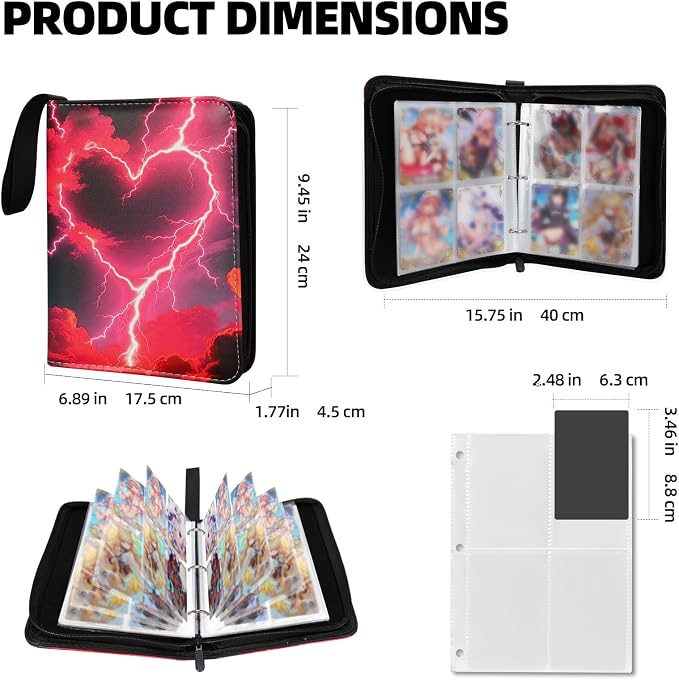 Collectible Trading Card Albums,4 Pocket Card Binder, 400 Double Sided Pocket PU Premium Zip Trading Collection Binderwith 50 Removable Sleeves, Card Folder forTCG, Sports Cards (Black &Red)