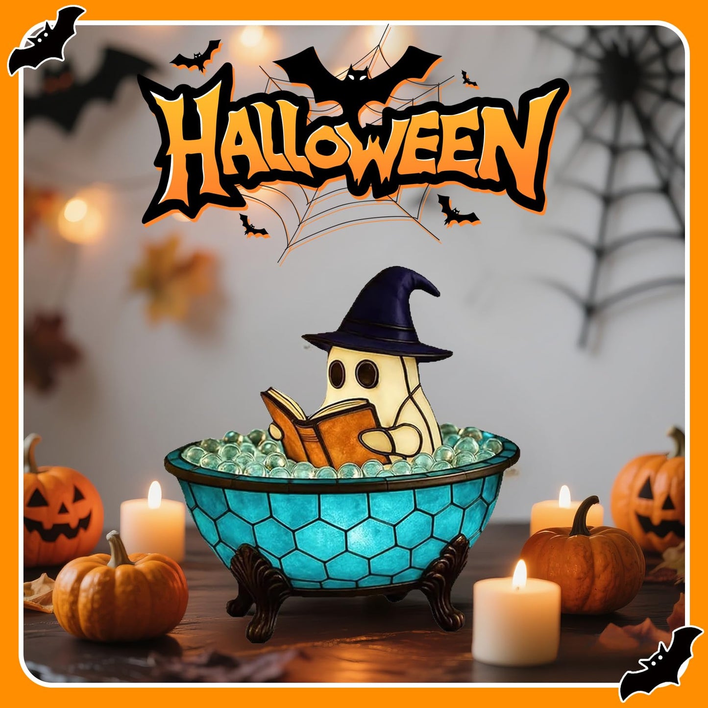 oyeftp Halloween Ghost Bubble Bath Lamp, Cute Bathtub Ghost Night Lights for Halloween Decor, Reading Books Nightlight, Halloween Decorations for Indoor Readers & Book Lover Desk Home Party
