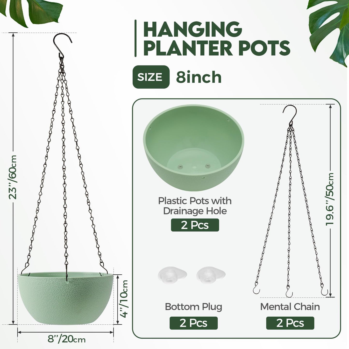 T4U 8 Inch Hanging Planter for Indoor Plants, 2 Pack Small Pots with Drainage Holes, Flower Basket Plant Holder for Home, Green