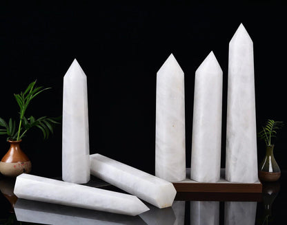 AMOYSTONE Large White Crystal Quartz Wand 1PC Healing Crystal Stone Obelisk Tower 6 Faceted Column Reiki Chakra Meditation Gift 1.7-2.2 LBS