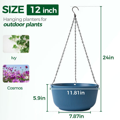 T4U 12 Inch Large Hanging Planters for Outdoor Plants, 2 Pack Self Watering Pots Indoor, Hanging Baskets for Plants,Hanging Flower Pot with Drainage Hole and Plant Hanger, Blue