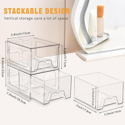 Stebopum 8 Pack Stackable Makeup Organizer, 4.4'' Tall Acrylic Bathroom Makeup Organizer and Storage Drawer with Pull-out Handle, Clear Plastic Storage Bins for Vanity,Pantry,Desk,Undersink,Kitchen