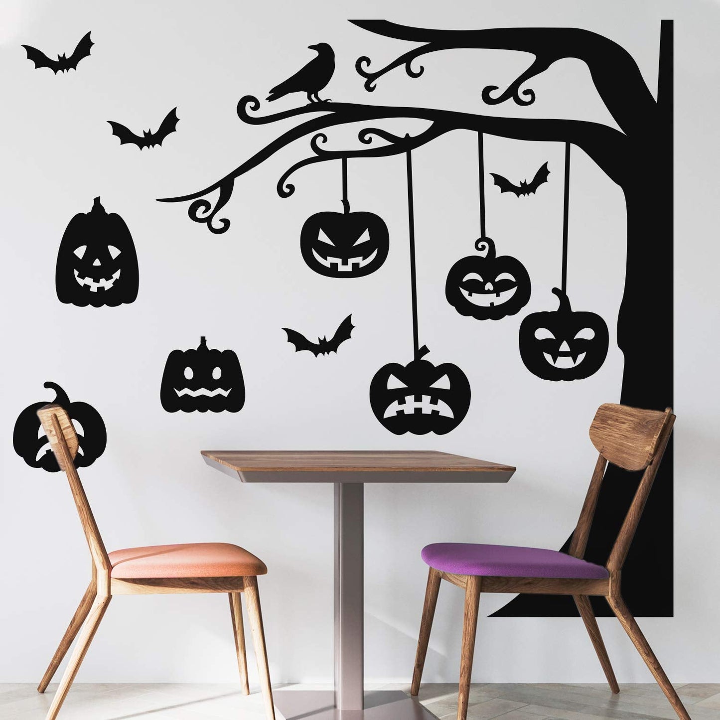 Halloween Wall Decals - Graveyard Tree & Pumpkin Vinyl Sticker - Removable Wall Decal Peel and Stick Indoor Outdoor Halloween Decorations for Home, Office, School, Doors and Windows - Black