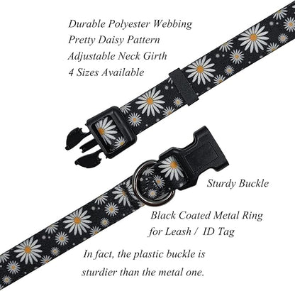 Dog Collar Leash Set, Floral Pattern, Polyester Material, Adjustable Collar and 5ft Matching Leash, for Large Dogs.(L, Black Daisy)