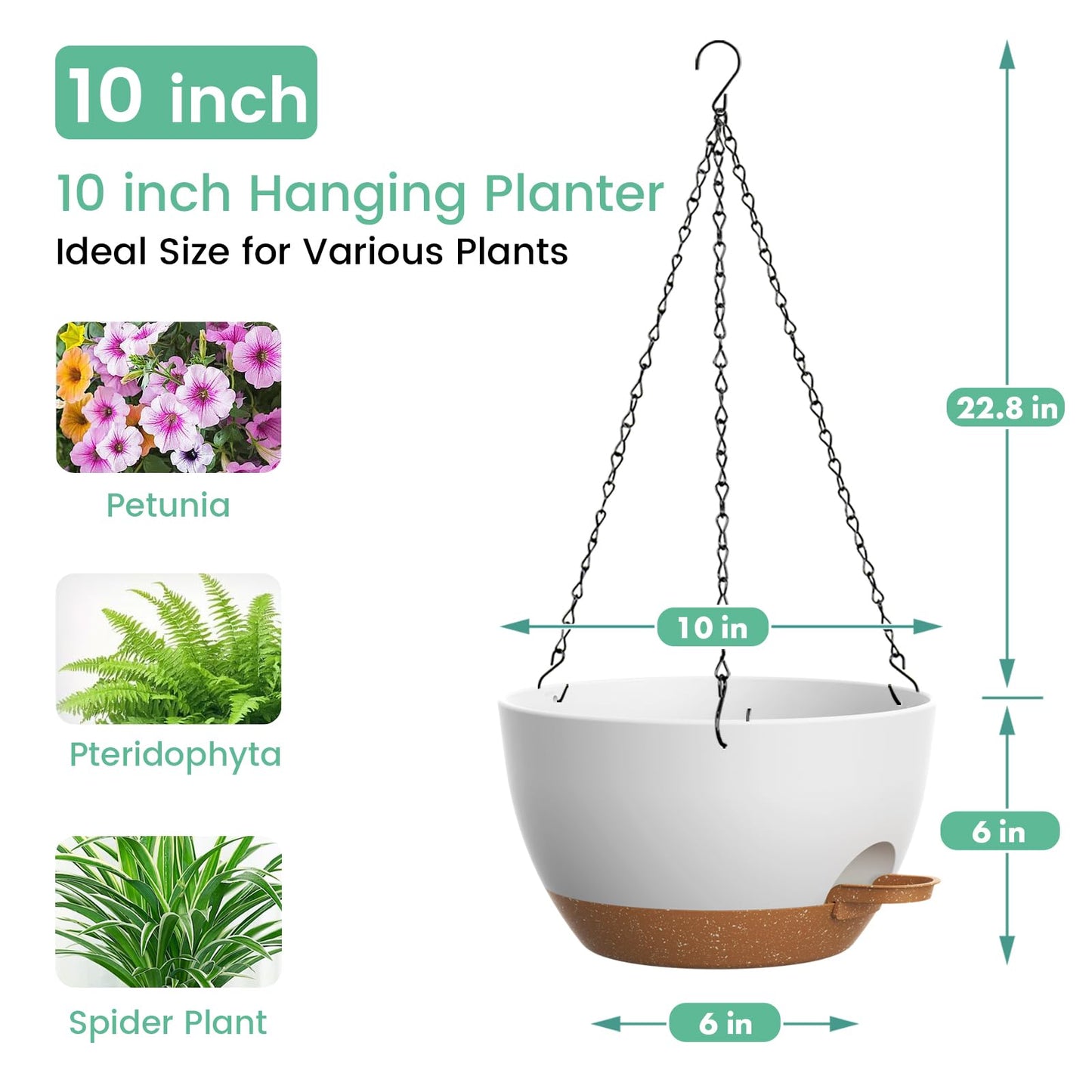 UOUZ Set of 3-10 Inch Self Watering Hanging Planters for Indoor Outdoor，Hanging Plant Pots with Drainage & Removable Tray, Hanging Pots Holder for Pothos Plant, Ferns, Balcony & Patio,White with Brown