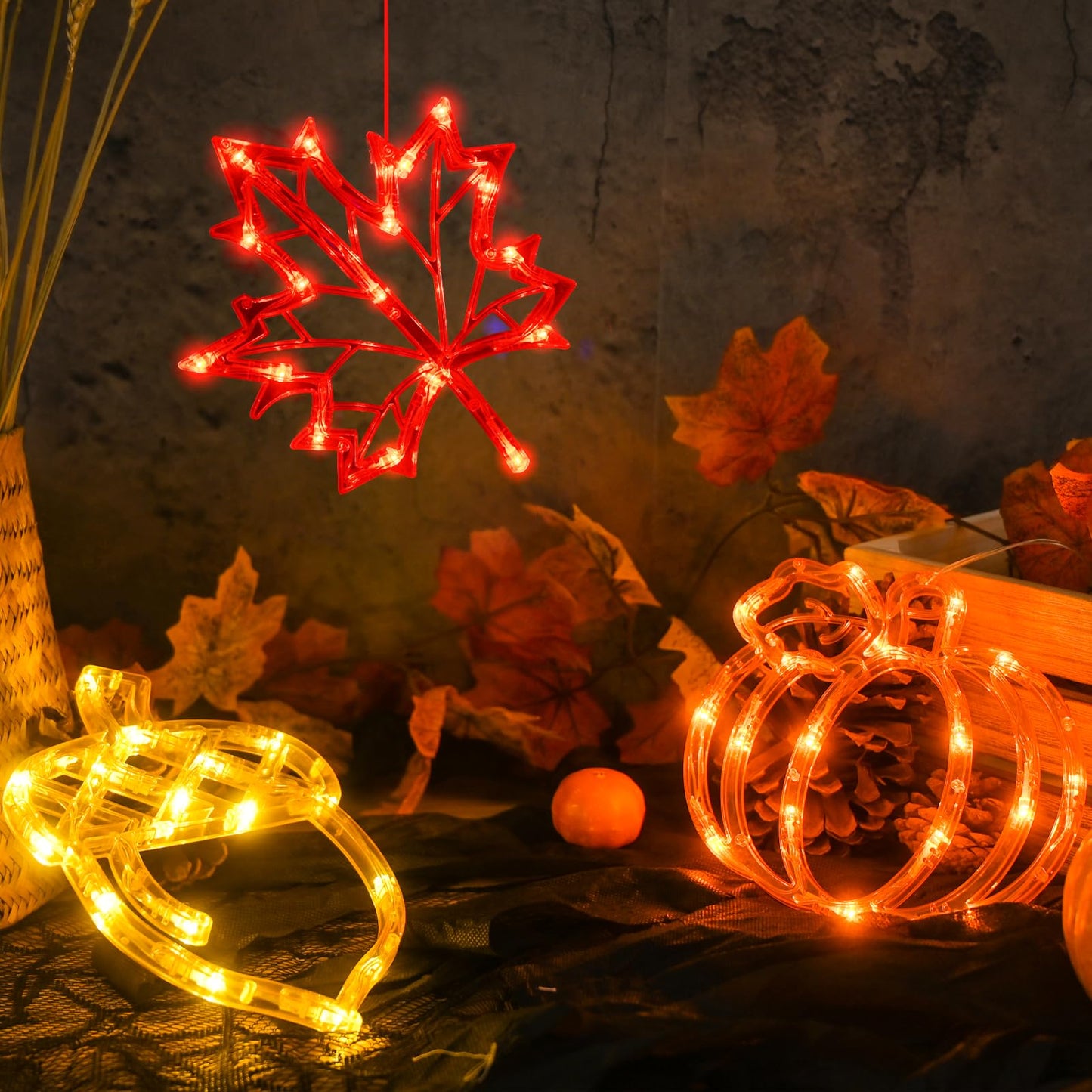 LOLStar Fall Decor Window Lights 2026 Thanksgiving Decorations Acorn Maple Leaves Pumpkin LED Lights with Suction Cups Battery Operated(Exclusive) Slow Fade Mode Timer Autumn Decorations for Home