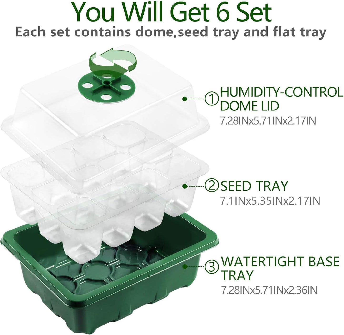 Hdeoops Seed Starter Tray, 6 Set Seedling Kits with Adjustable Humidity Dome, Plant Starter Kit for Seeds Growing Starting (12 Cells per Tray)