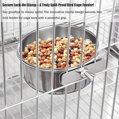 Parrot Feeding Cups Stainless Steel Bird Cage Feeder & Water Bowl - Chew-Proof Food Bowls with Clamp Holder for Parrot, Cockatiel, Conure, Budgie, Macaw, and Small Animals (L-1Pc)