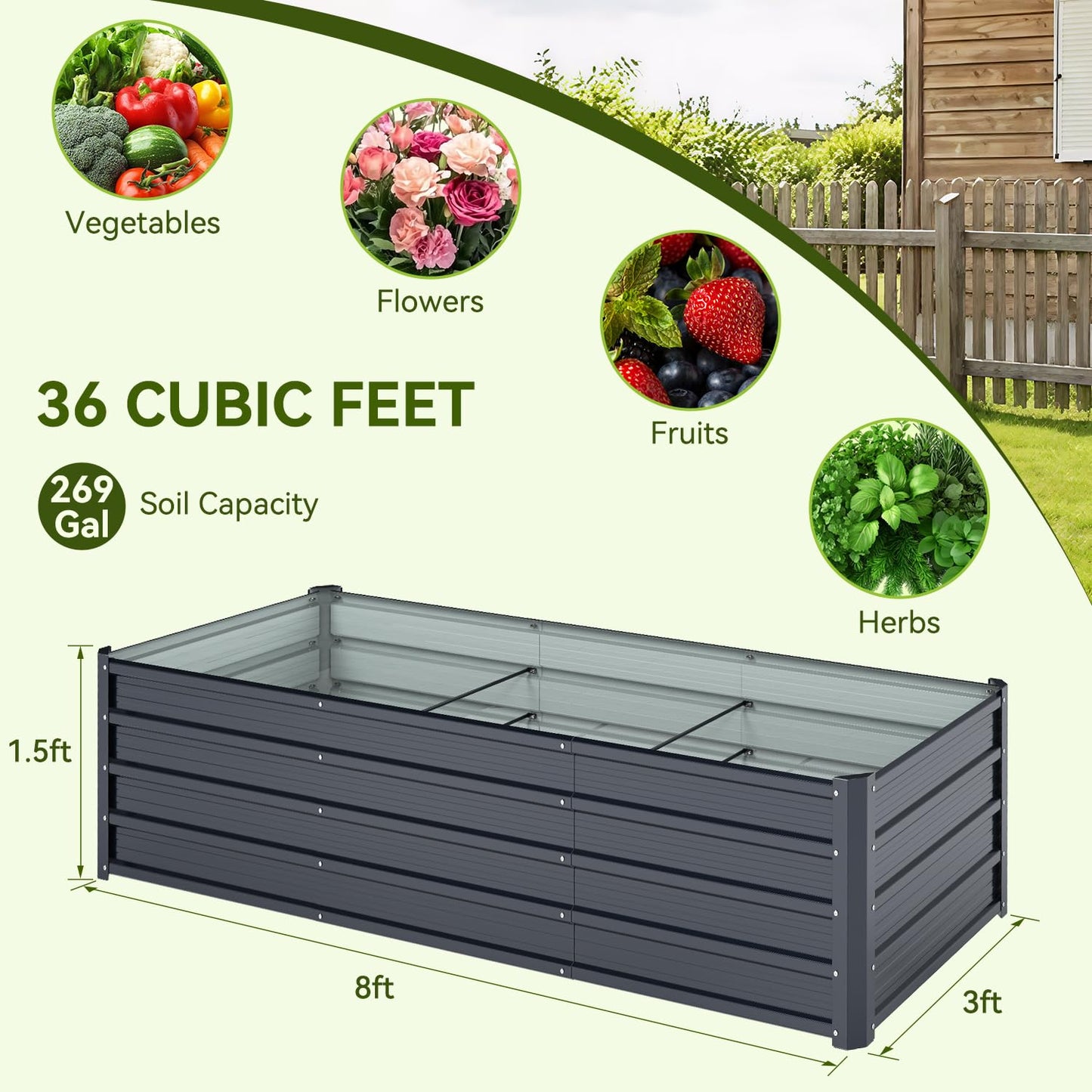 Ohuhu 8x3x1.5 FT Metal Raised Garden Bed Outdoor, Reinforced Galvanized Steel Rustproof Planter Box, 100% Non-Toxic, 269 Gal Large Capacity Heavy Duty Raised Beds for Growing Vegetables Flowers Herbs