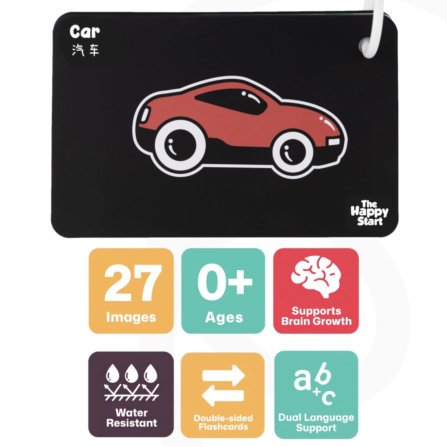Happy Start High Contrast Baby Cards for Newborns - Black & White Cards, Water-Resistant, BPA-Free, Portable Educational Flashcards for Visual Stimulation, Award-Winning, Ages 0+ (English & Chinese)
