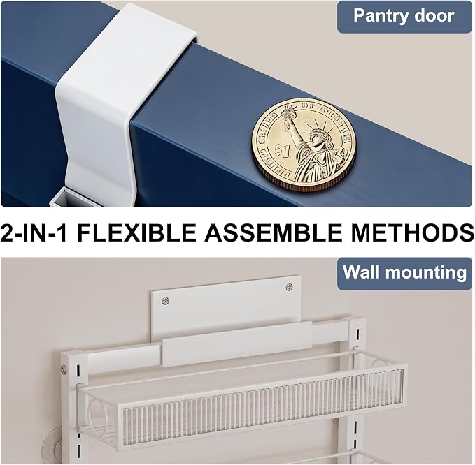 Over the Door Pantry Organizer 8 Tier Hanging or Wall Mounted Spice Rack with Adjustable Basket,Heavy Duty Metal Seasoning Organizer Shelf for Kitchen Pantry and Bathroom