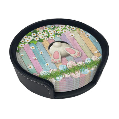 6 Pack Cute Easter Eggs Bunny Coasters for Drinks with Holder, Leather Coasters for Kitchen,Coffee Decor