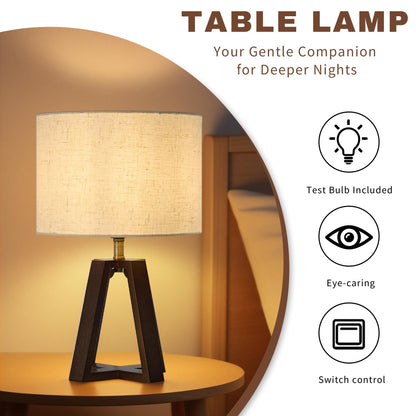 Booniture Cross-Base Table Lamp, Small Bamboo Bedside Lamp with Beige Linen Lampshade, Boho Modern Nightstand Lamp for Bedroom Living Room Office,E26 Socket (Walnut Color)