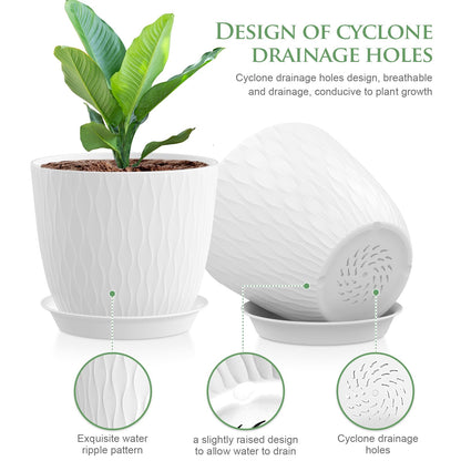 WSMKSZ 7 inch Plant Pots, 5 Pack Flower Pots with Drainage Holes and Saucers for Indoor Plants, Plastic Planters with Water Ripple for Small Garden House Plants, Nursery Pots for Succulent, White