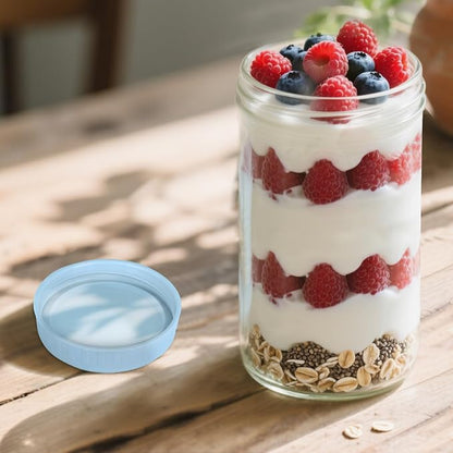 SHOWIN Overnight Oats Containers with Lids, 24oz Glass Jars with Lids 8 pcs, Light Blue, Wide Mouth Mason jars for Salad, Yogurt, Snacks, Meal Prep