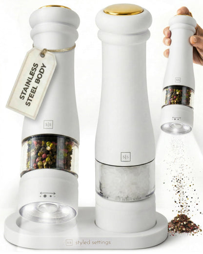 Electric Salt and Pepper Grinder Set - Styled Settings White Electric Salt and Pepper Shakers, Automatic Stainless Steel Set with LED Light, Battery Operated, Adjustable Coarseness, Wood Base