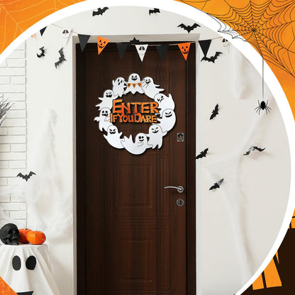 MorningRo Metal Ghost Wreaths for Front Door Halloween Hanging Wreaths Halloween Boo Enter If You Dare Hanging Welcome Sign for Porch Wall Home Outdoor, 13 Inch