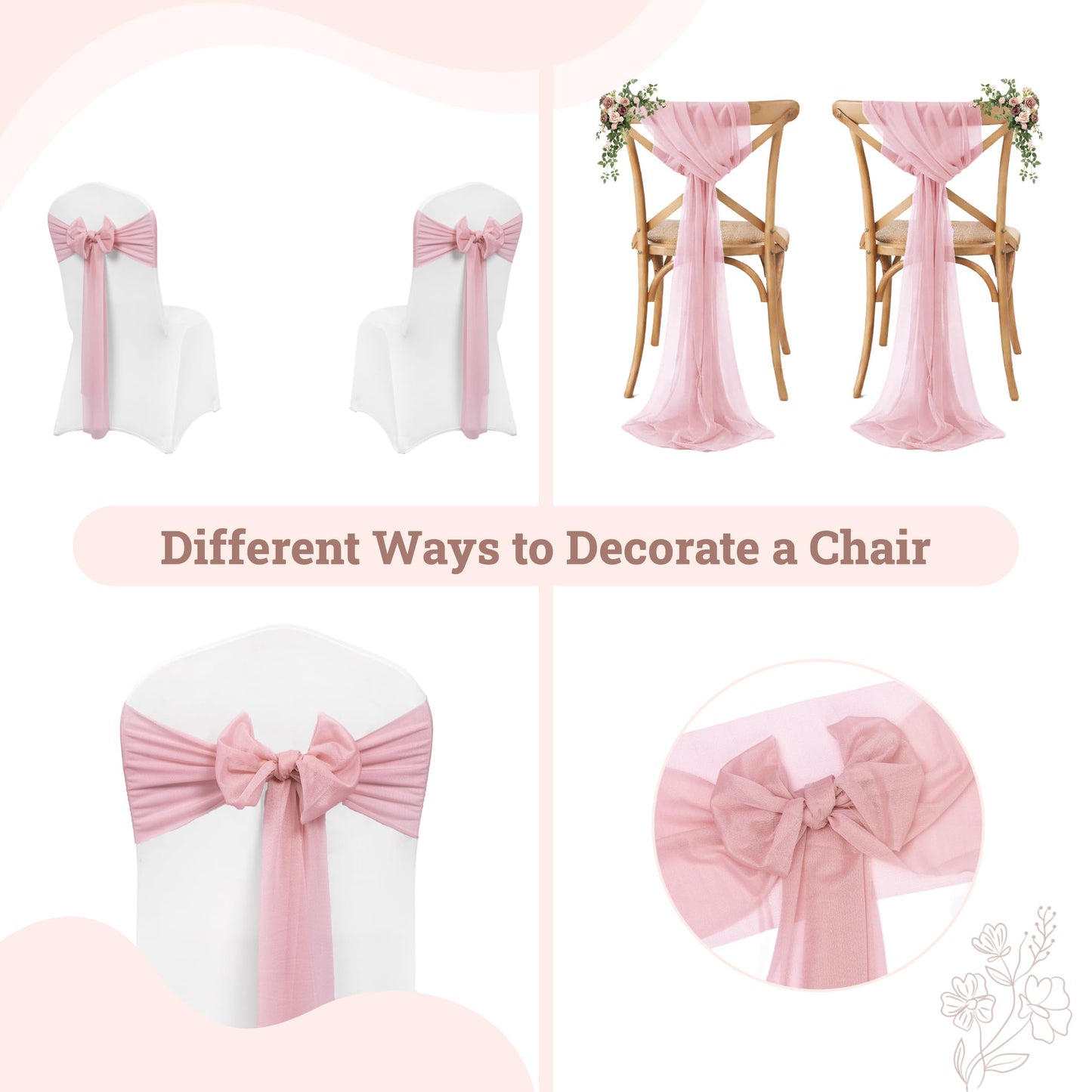MDS® Pack of 50 Chiffon Chair Sashes Bows for Wedding Events Supplies, Decorations for Birthday Party, Graduation, Engagement, Chair Sashes fits Banquet Chair Cover Tie Back Band - Dusty Rose
