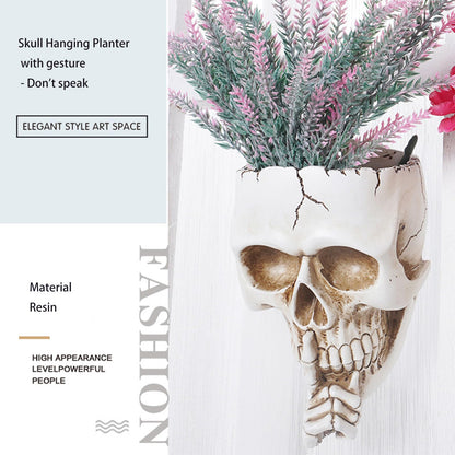 Romehaha Skull Wall Planter,Skull Shaped Hanging Resin Planter Pot Home Decor Gift,Funny Design Flower Pot for Indoor Outdoor Plants,Skeleton Sculpture Decorations (White, Don't Speak)