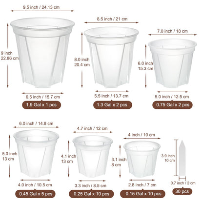 Clear Nursery Pots with Drainage, 30 Pack Transparent Plastic Orchid Planters, 6 Sizes Plant Pots 9.5/8.5/7/6/4.7/4 Inch with 30 Plant Labels for Seedlings, Succulents, Indoor/Outdoor Repotting