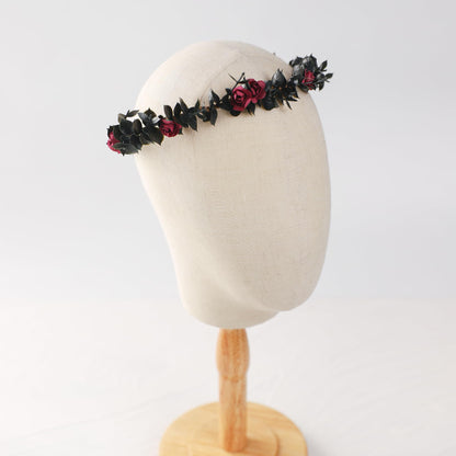 KorViSHOW Flower Crowns for Women Girls - Black Handmade Renaissance Wreath Garland Bridal Wedding Cosplay DIY Halloween Maternity Shoot Vacation Photography Props Shower Deep Red Rose