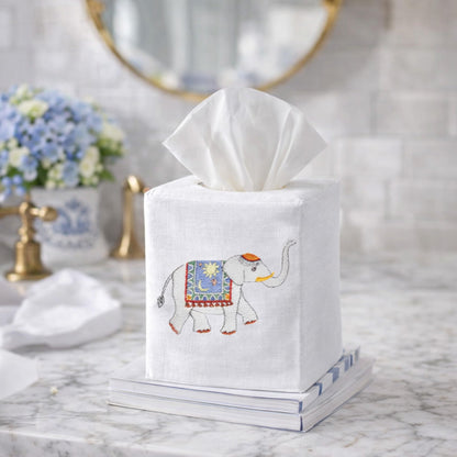 Jacaranda Living Square Tissue Box Cover, Linen/Cotton Tissue Holder, Decorative Cloth Tissue Cover, Fits Standard Square Tissue Boxes, Embroidered Animal Designs, Charming Elephant (Blue)