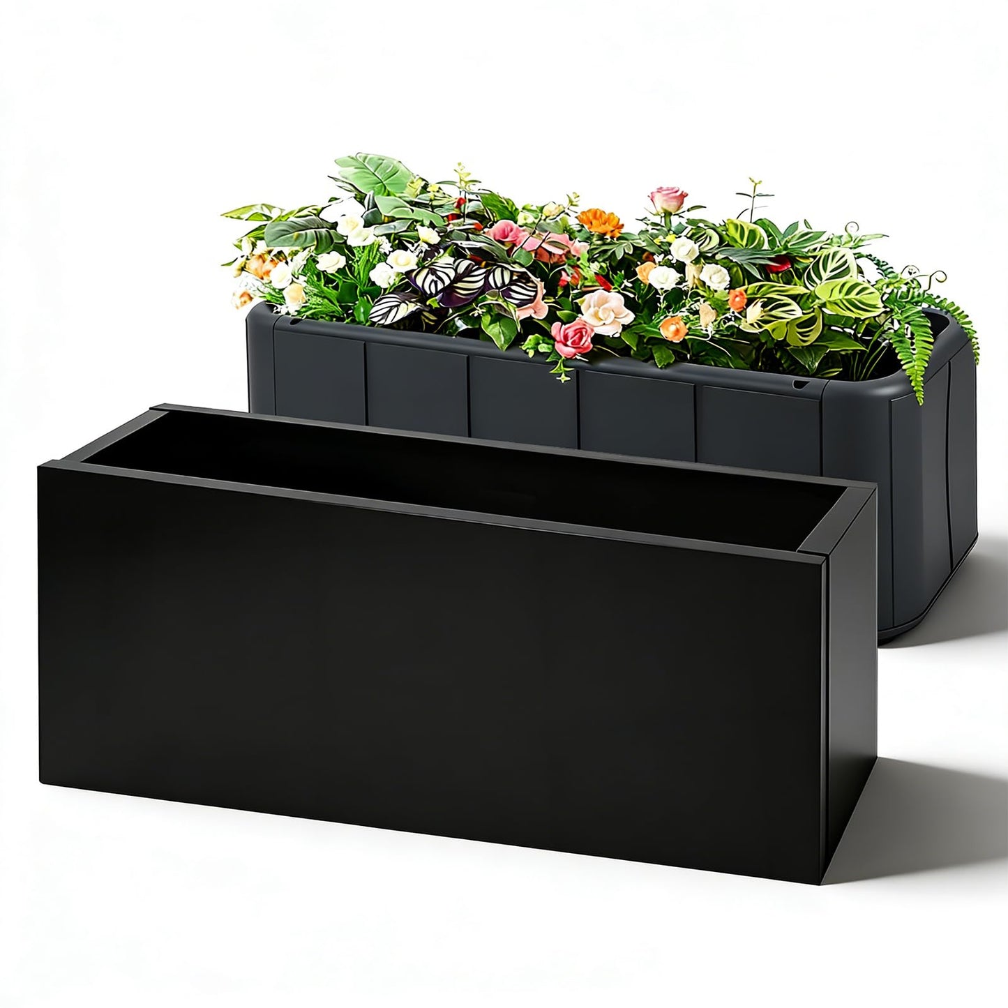 AILOOCEDI Metal Planter Box with Wheel, Outdoor/Indoor Rectangular Trough Garden Bed Drainage Holes & Raised Bottom for Patio Porch Yard Lawn 33" L x 12.4" W x 14" H