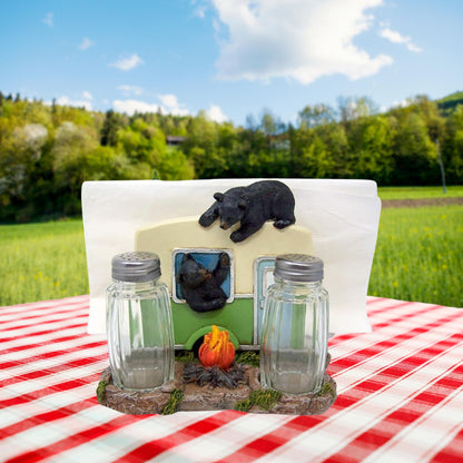 Rustic Kithcen Accessory- Black Bear in a Camper Salt and Pepper Shaker and Napkin Holder, 5 Inch (Shakers Included)
