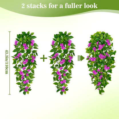 BLEUM CADE Artificial Hanging Flowers for Outdoors, 2pcs Fake Hanging Plants Pothos Vines with Purple Flowers for Wall Home Living Room Indoor Outdoor Decor (No Baskets)