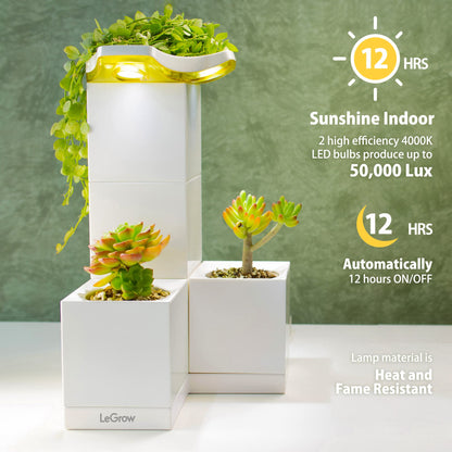LeGrow Indoor Planter with LED Grow Light, Automatic 12 Hours Timer, 7 Days Watering-Free, 2 Self Watering Pots for Small Plants, Home Decor & Office Desktop, White