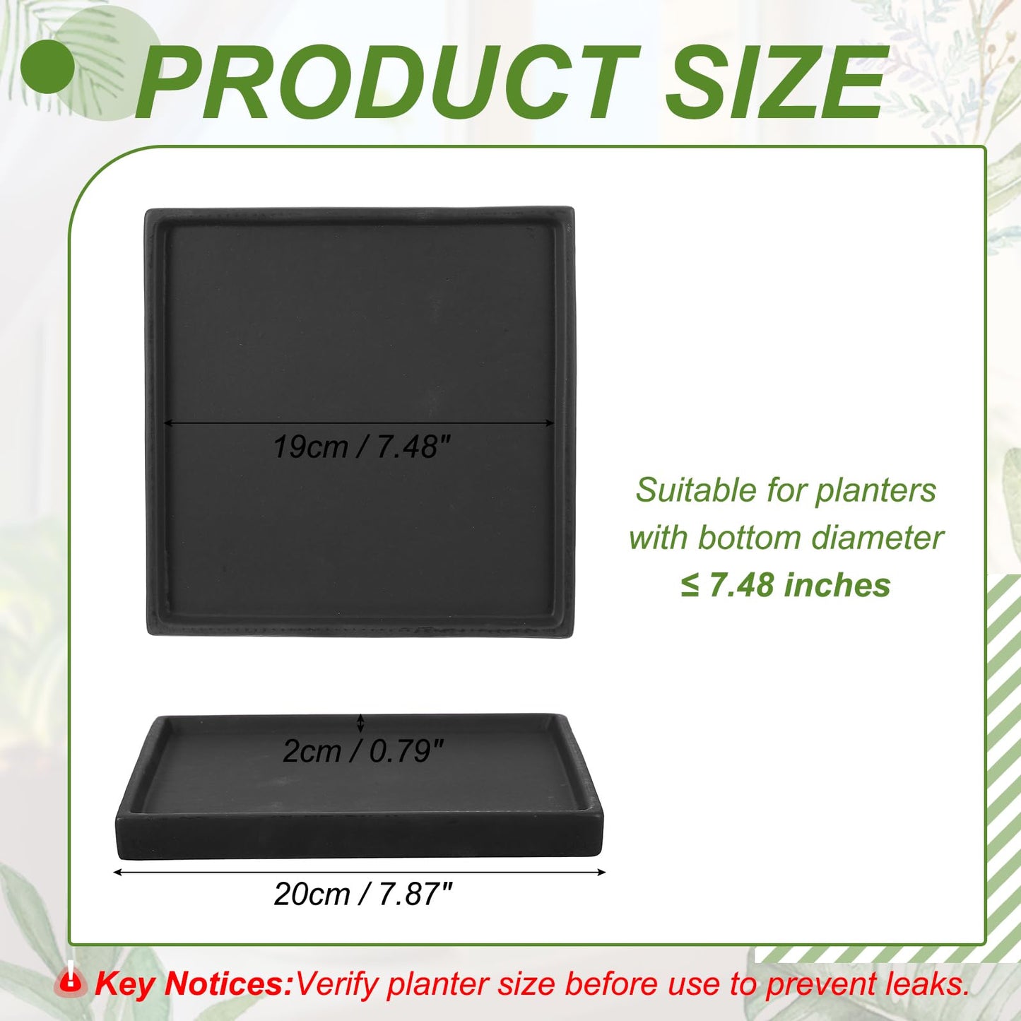 YELARXI 7.5 Inch Ceramic Plant Saucers, Square Flower Planter Water Trays Ceramic Plant Saucer Pot Tray -Fitting for (Outdoor/Indoors/Garden/Planting/Water/Flower/Coffee) Matte Black