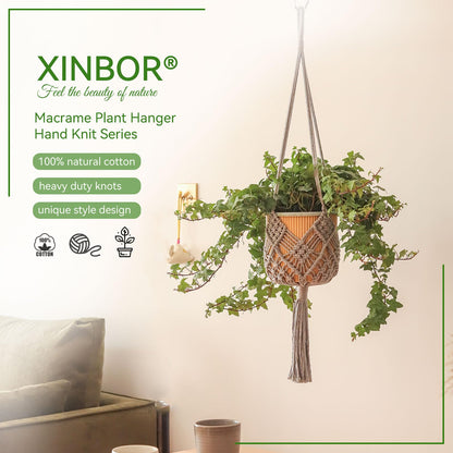 XINBOR 4 Pack Macrame Plant Hangers Indoor Up to 10 inch Pot, Boho Hanging Planters, Plant Holder with 8Pcs Stainless Steel Hooks (4Pcs Gray Hanger)