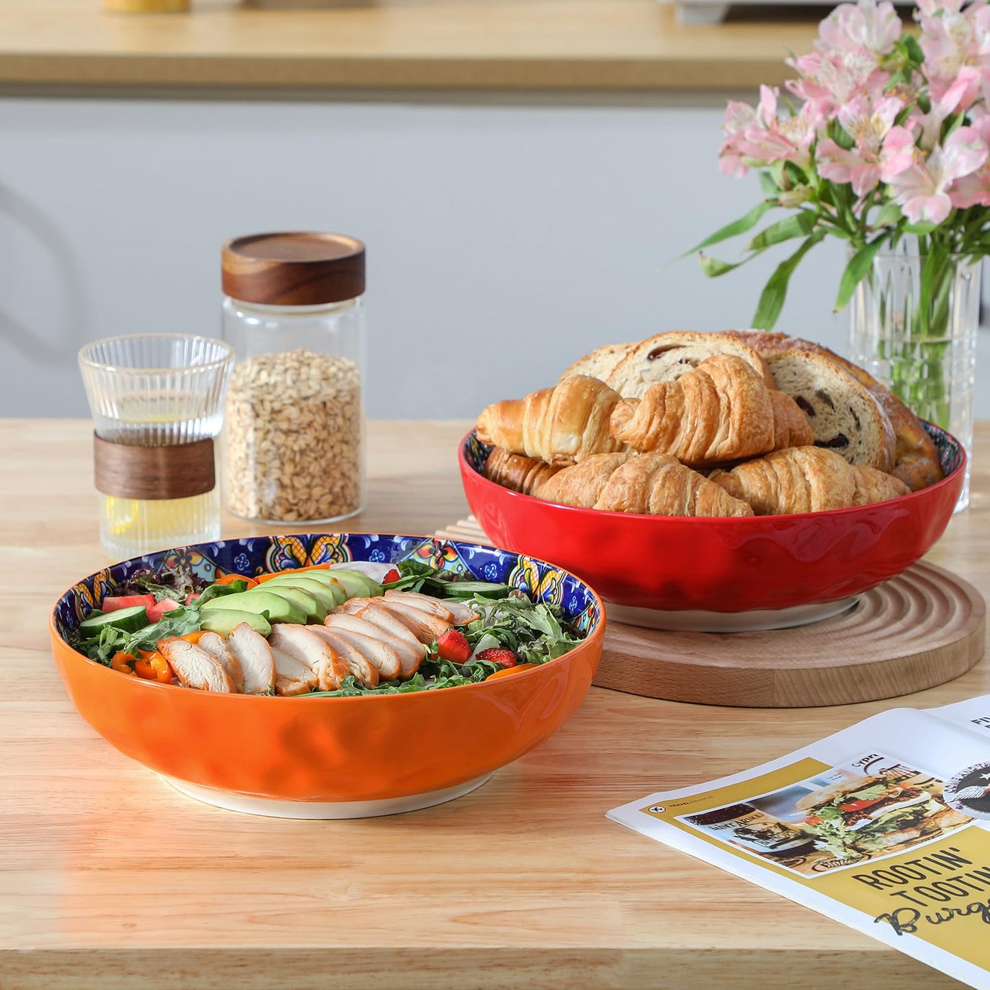 vancasso Large Serving Bowls, 78 Oz Extra Large Salad Bowls Set of 2, Bohemian Decorative Bowls for Salad, Fruit, Pasta and Dinner, Serving Dishes Set for Party, Dishwasher & Microwave Safe－Red