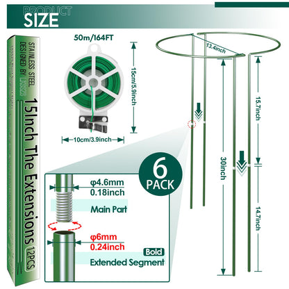 LKSSZS 6 Pack 30 inch Plant Support Stakes, Heavy-Duty Half Round Peony Support, Garden Plant Stakes Cage for Outdoor Plants, Peony, Tomato, Hydrangea, (15In Support +15In Stainless Extension Tubes)