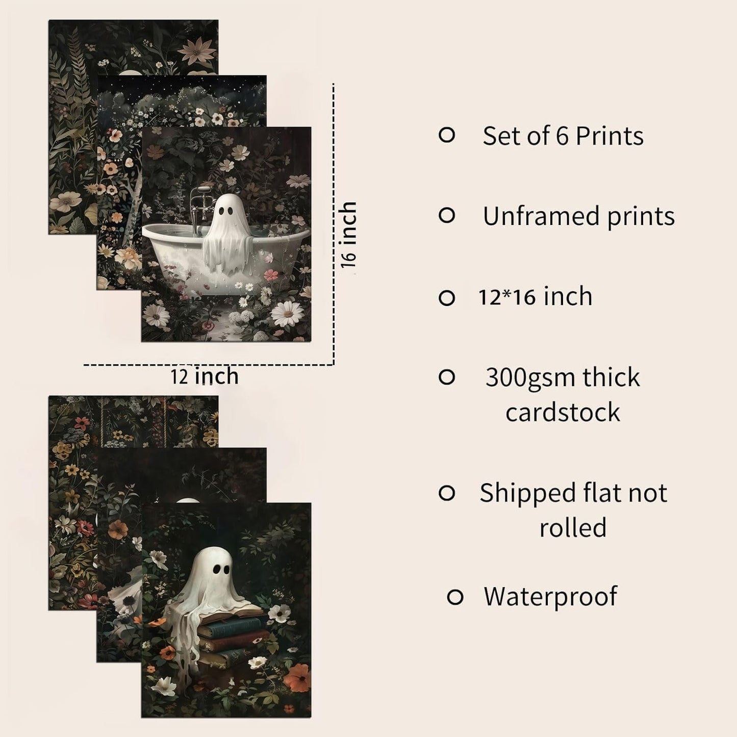 6 Pcs Flower Bush Ghost Wall Art Ghost Reading Swing Bathtub Wall Decor Pictures Halloween Dark Forest Cute Ghost Poster Prints for Dark Academy Bathroom Bedroom Home Decoration 12x16in Unframed