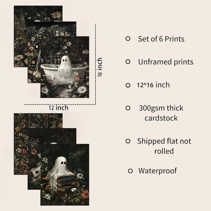 6 Pcs Flower Bush Ghost Wall Art Ghost Reading Swing Bathtub Wall Decor Pictures Halloween Dark Forest Cute Ghost Poster Prints for Dark Academy Bathroom Bedroom Home Decoration 12x16in Unframed