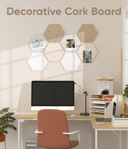 Toptople 12 Inch Large Hexagon Cork Board for Walls, 8 Pack Felt Bulletin Board Tiles, Pin Board with Push Pins for Office Photo and Note, Linen Beige