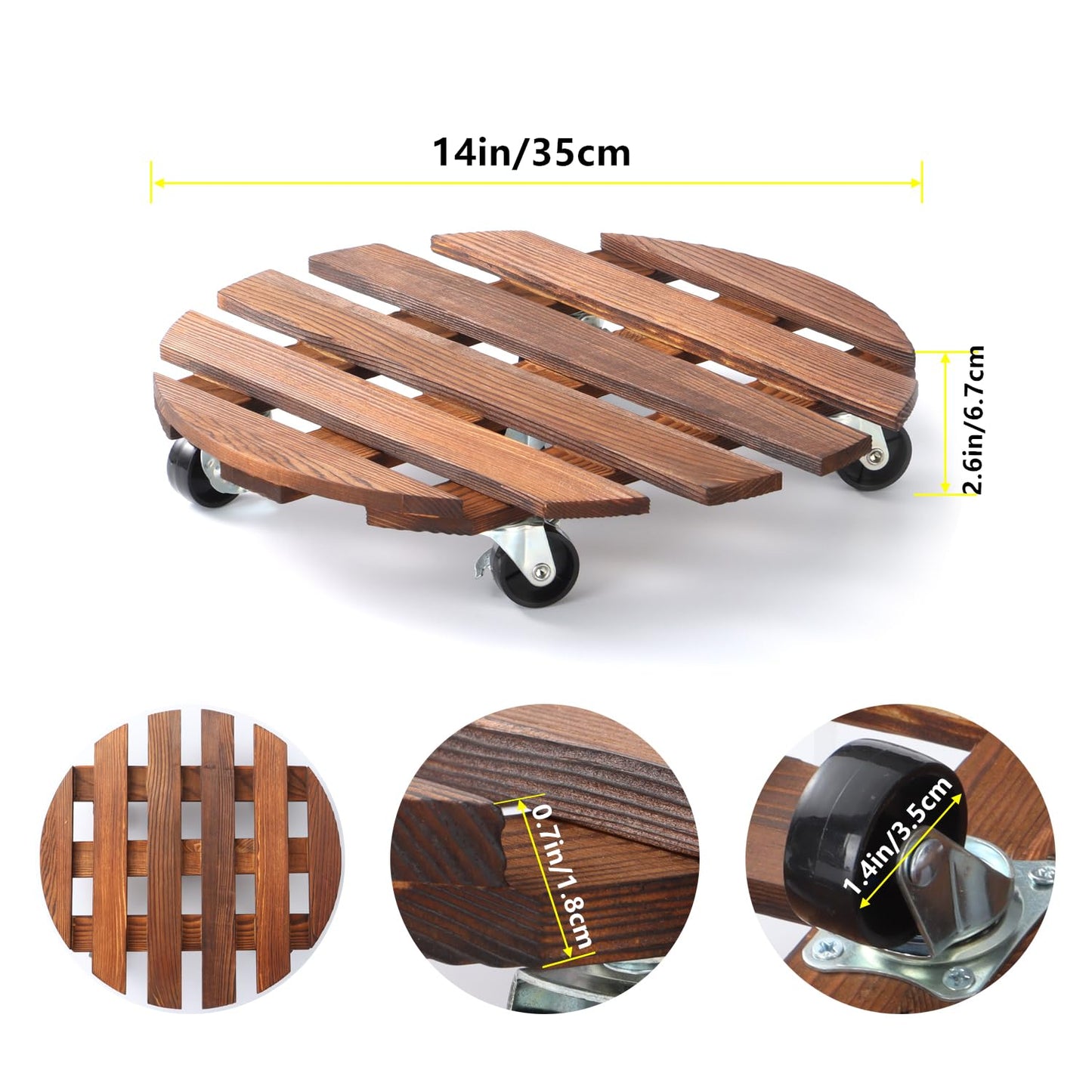 2 Pack 14" Plant Caddy with 5 Wheels, Rolling Plant Stand 220 LB Heavy Duty Wooden Round Plant Dolly with Metal 360° Lockable Caster Wheels for Outdoor Indoor Large Plant Pots, Flower Pot, Patio