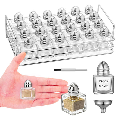 24 Pcs 0.5 oz Cube Shape Small Salt and Pepper Shakers Clear Mini Glass Seasoning Jars Spice Salt Shakers with Funnel and Storage Rack for Wedding Party Restaurant Home Kitchen (Silver)