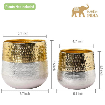 MyGift Round Two-Toned Indoor Planter Pot, Hammered Brass and Milled Embossed Silver Tone Metal Planter Vase, Set of 2 - Handcrafted in India