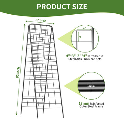 100% Metal Cucumber Trellis for Raised Bed,62"x17" A-Shape Garden Plant Support for Climbing Plants, Heavy Duty Metal Garden Trellises Plant Support for Vine Vegetables Outdoor (Black, 62x17inch(H*W))