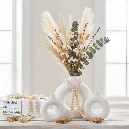 Reallnaive 8 Pcs Rustic Vase Centerpieces Set Included Boho Ceramic Vase Decorative Books Wood Bead Garland with Tassels for Farmhouse Table Island Living Room Decor(with God All Things are Possible)