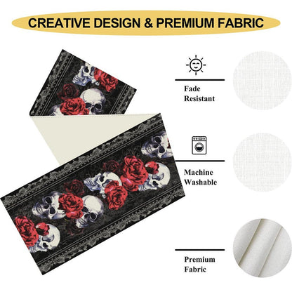 Gothic Table Runner, Rustic Dark Skull Damask Red Floral Flower Day of The Dead Halloween Retro Table Center Decor for Home Kitchen Dining Holiday Party Indoor Outdoor Table Decorations, 13" x 72"