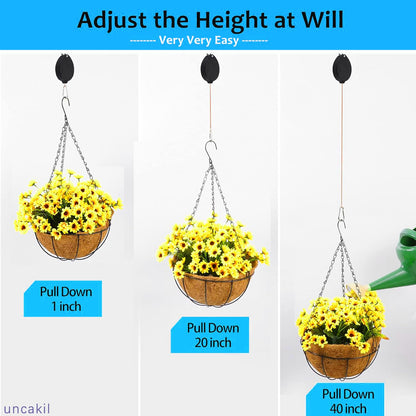 uncakil 2024 Plant Pulleys for Hanging Plants Heavy Duty,Upgraded Retractable Plant Hanger,Auto Raise and Pull Down,Outdoor Plant Pulley Set for Garden Baskets Pots,Birds Feeder(2*Black)