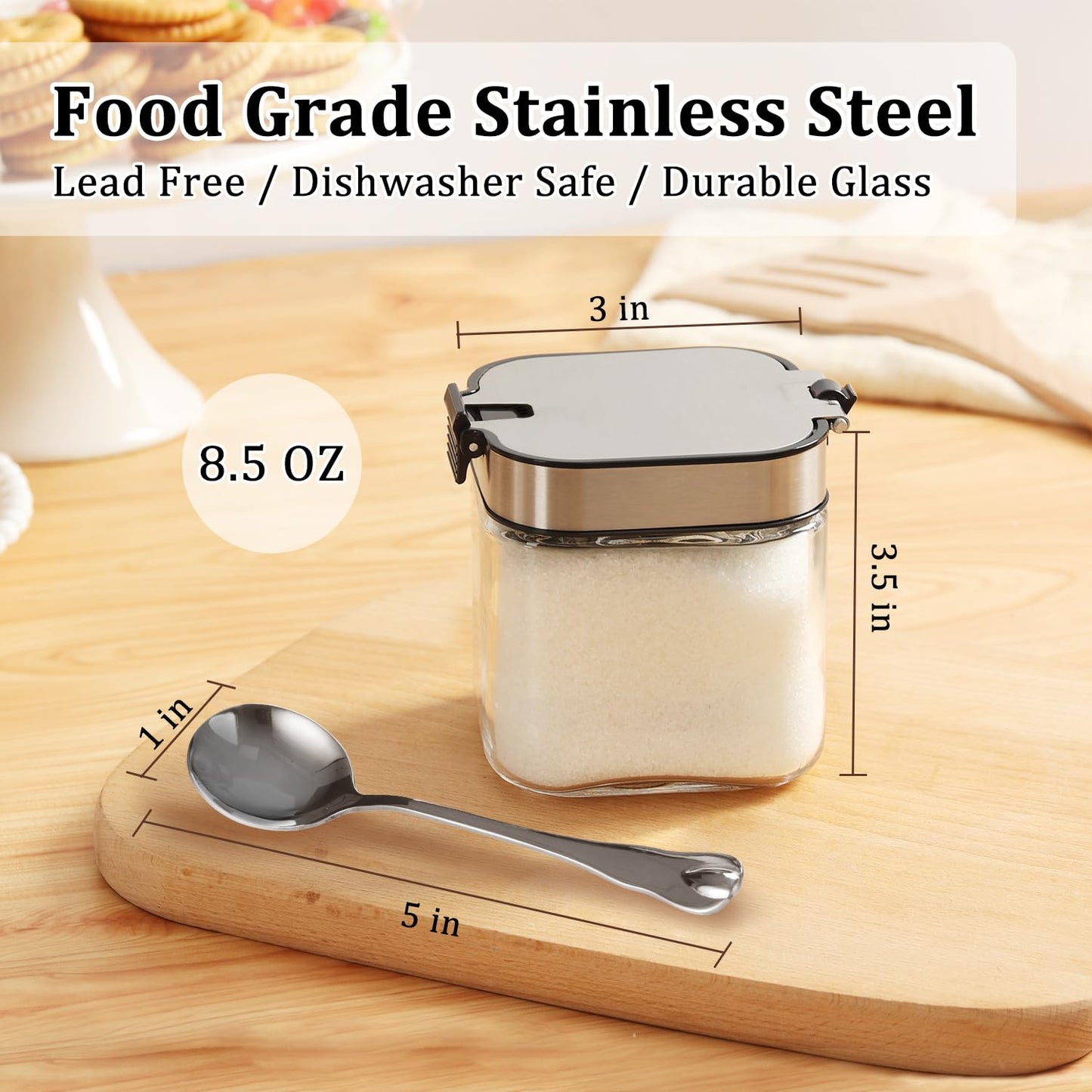 Aelga Glass Sugar Bowl with Lid and Spoon, 8.5 OZ Sugar Container Stainless Steel Flip Lid, Salt Container for Kitchen, Coffer Bar Accessories, Countertop